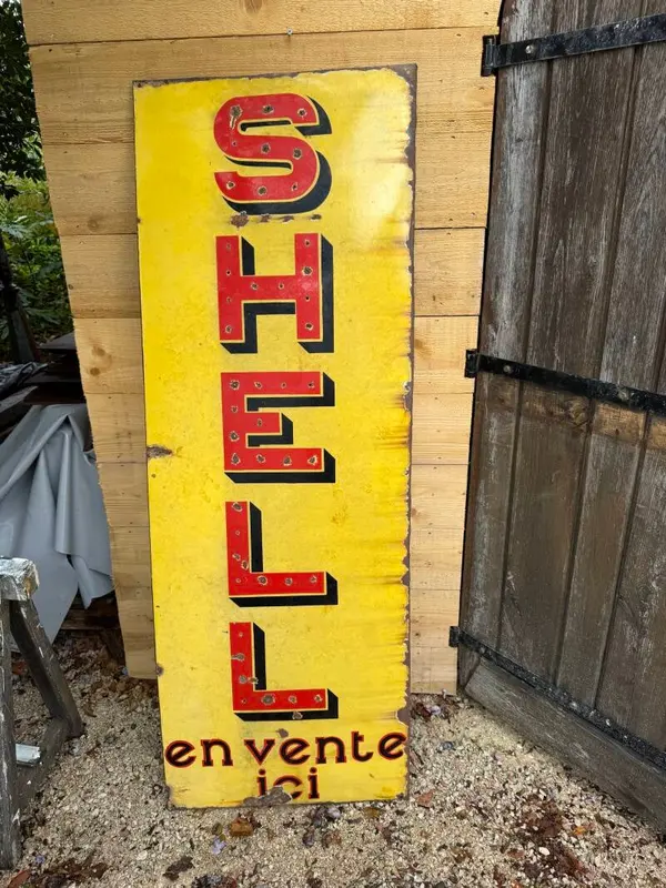 Grande plaque émaillée Shell « En vente ici » – 169 × 60 cm – Publicité ancienne