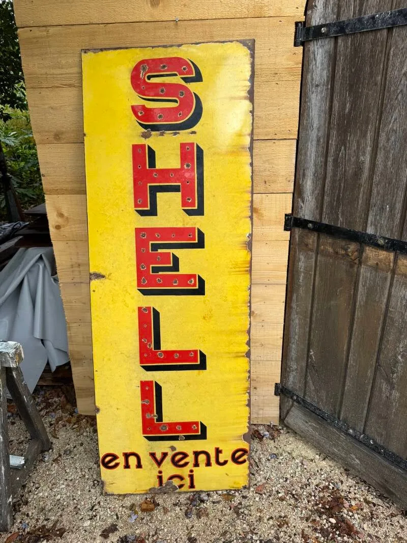 Grande plaque émaillée Shell « En vente ici » – 169 × 60 cm – Publicité ancienne, photo 1 sur 11