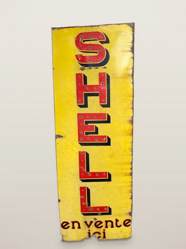 Grande plaque émaillée Shell « En vente ici » – 169 × 60 cm – Publicité ancienne