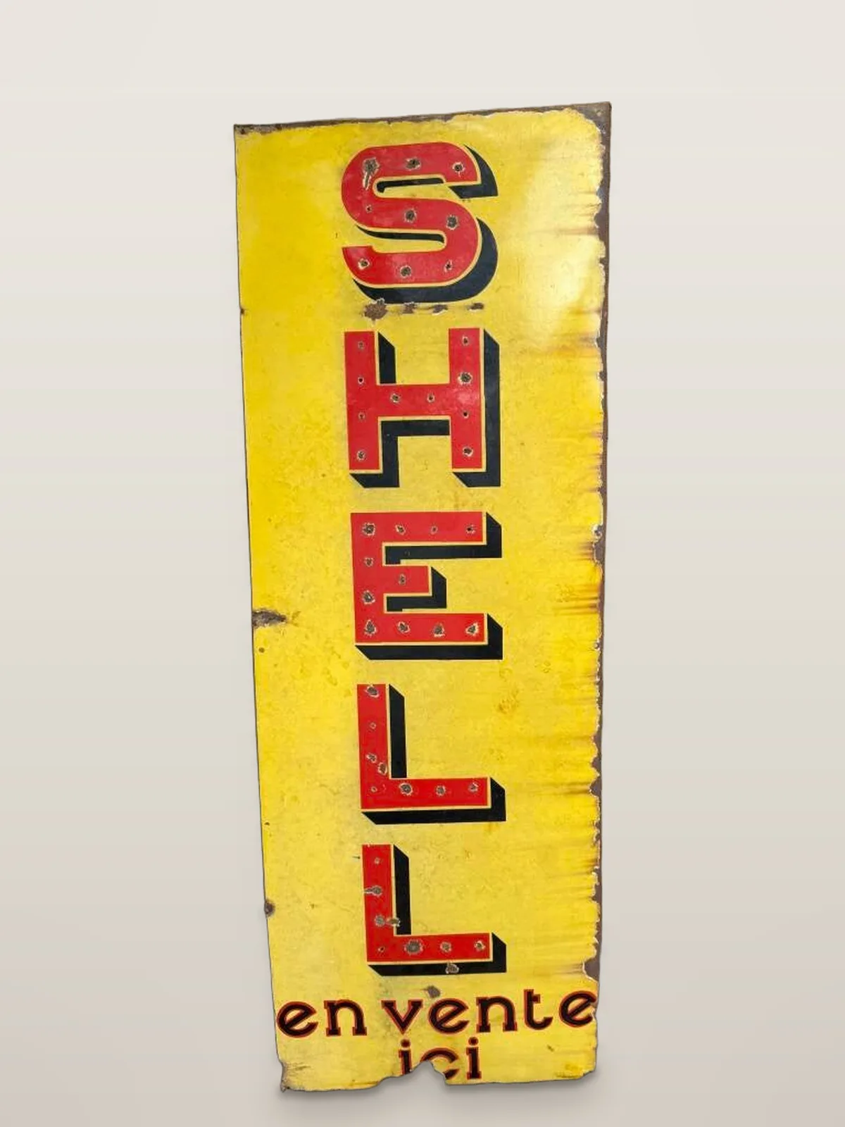 Grande plaque émaillée Shell « En vente ici » – 169 × 60 cm – Publicité ancienne