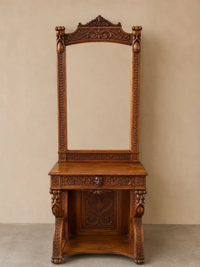 Étonnant meuble console néo-Renaissance sculpté, miroir monumental de 2,25 m, photo 1 sur 9