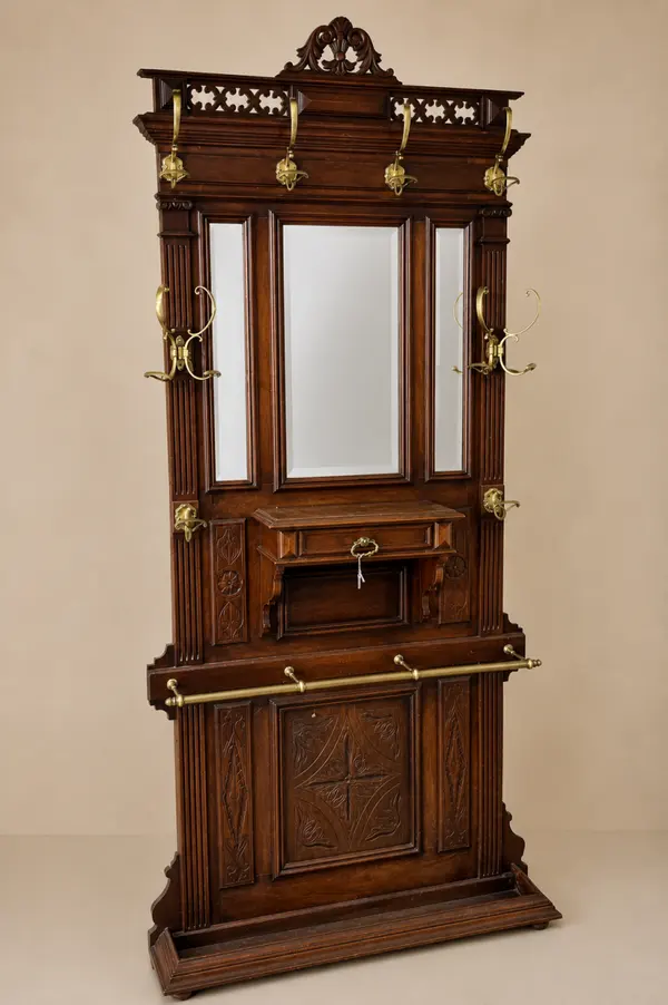 Grand vestiaire d’entrée Napoléon III à miroir et patères en laiton – 215 cm